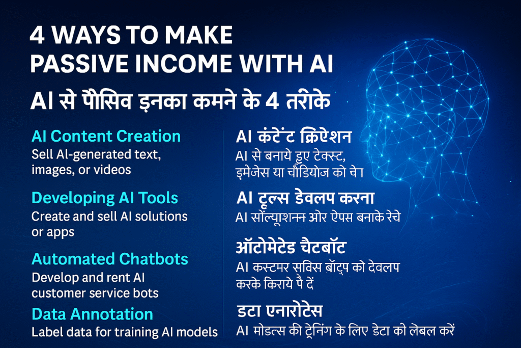 Illustration showing AI agents, automation bots, and income generation methods in 2025 – a futuristic concept for earning through Artificial Intelligence.