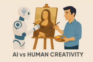 A flat-style digital illustration of a humanoid robot and a human artist painting the Mona Lisa together, representing AI vs Human Creativity.